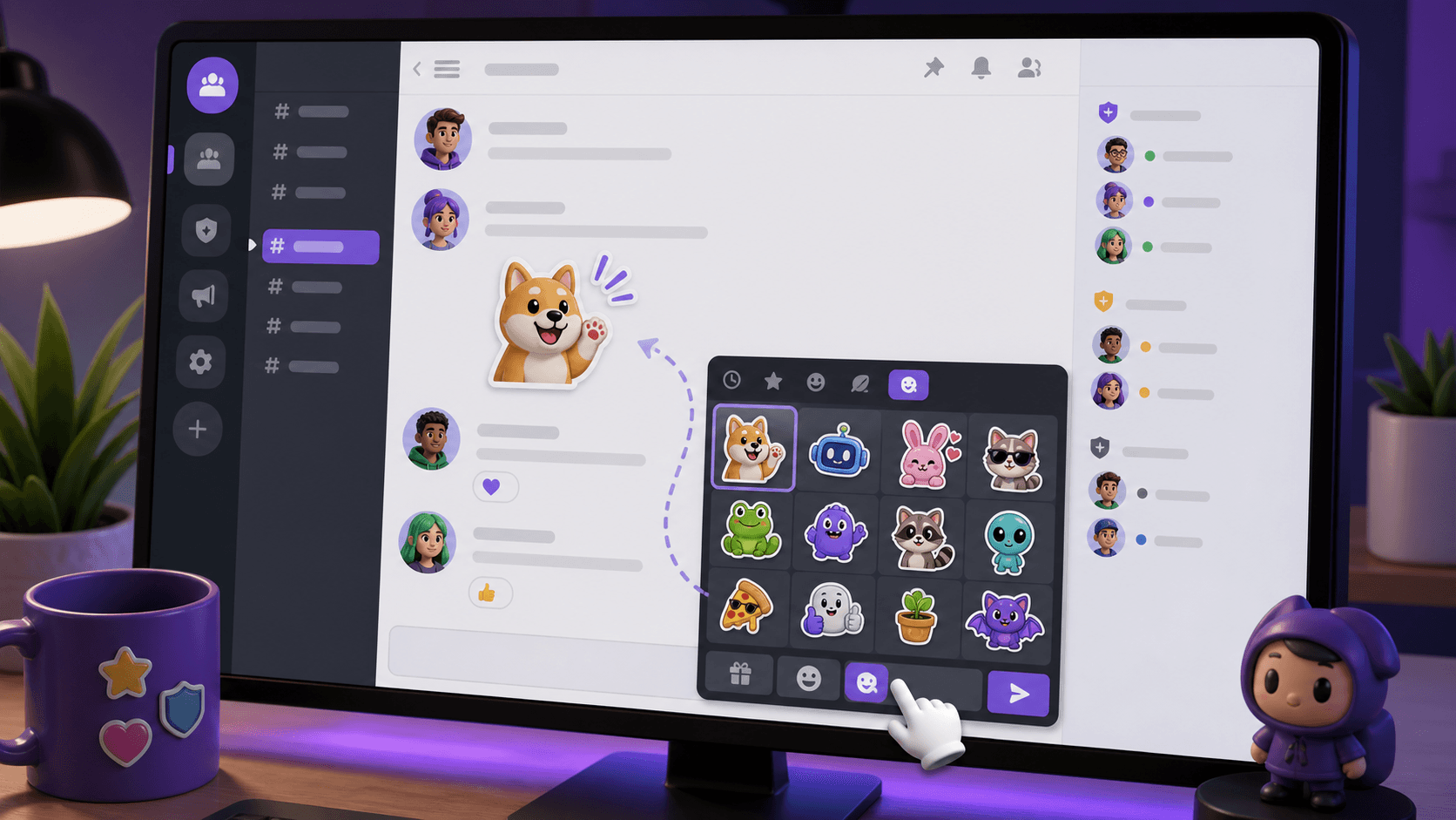 Selecting an uploaded Discord-style server sticker from the chat sticker picker