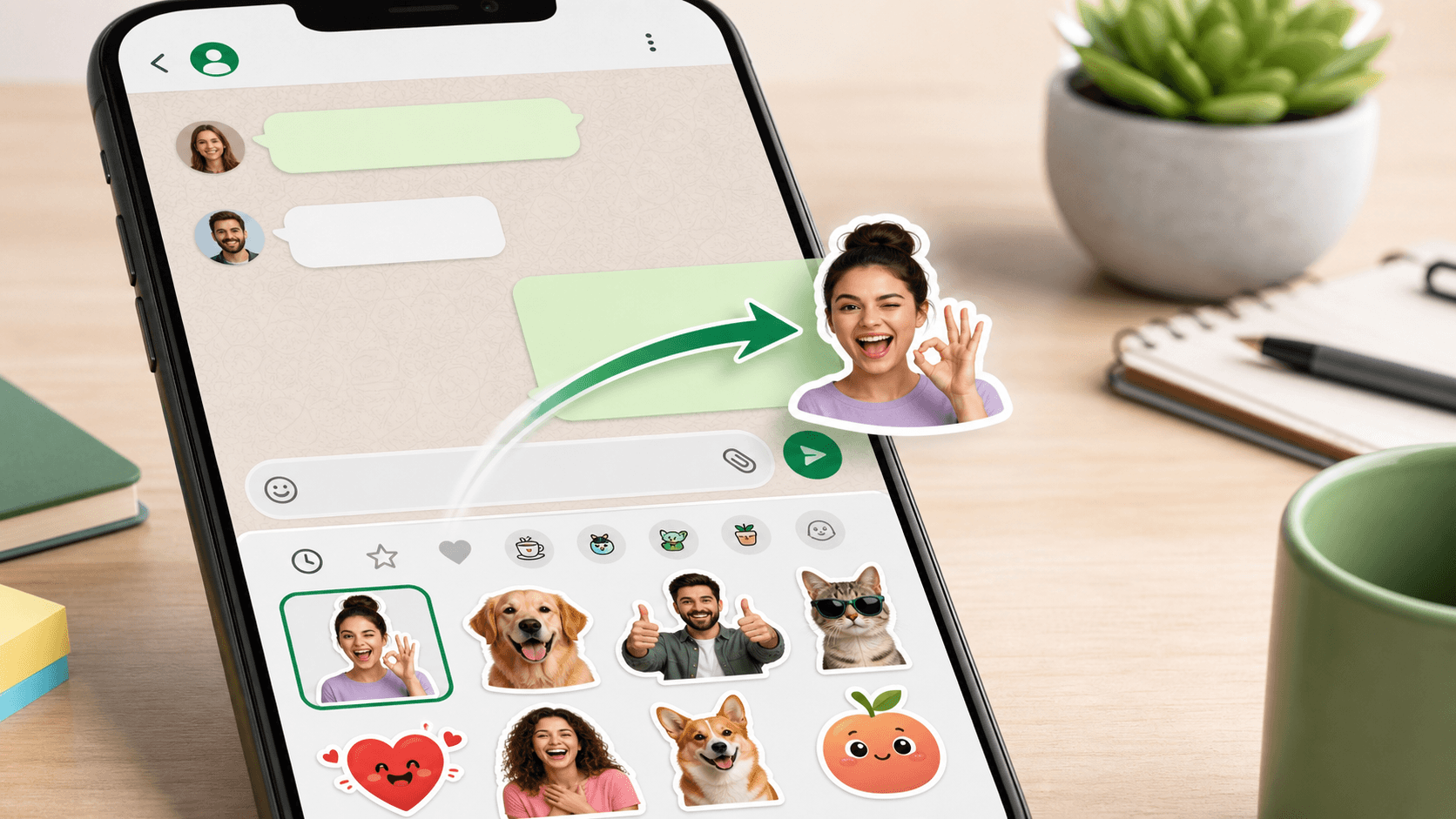 Using an imported sticker from the WhatsApp-style sticker tray in chat