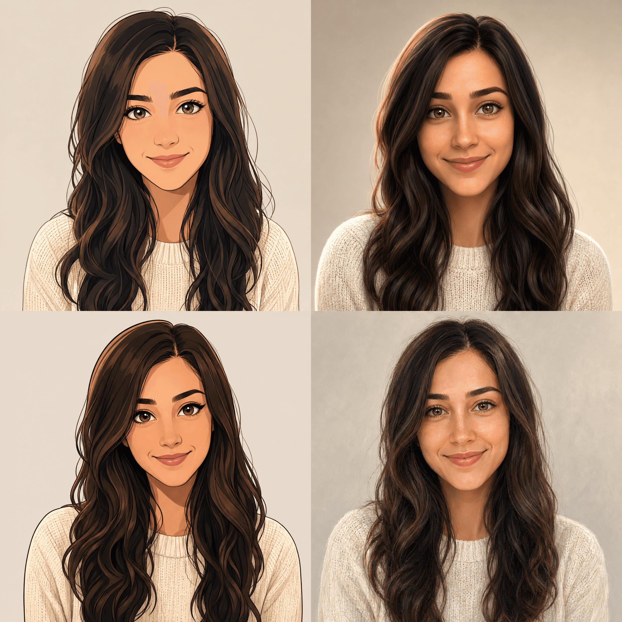One portrait transformed into Anime, 3D, Cartoon, and Illustration avatars