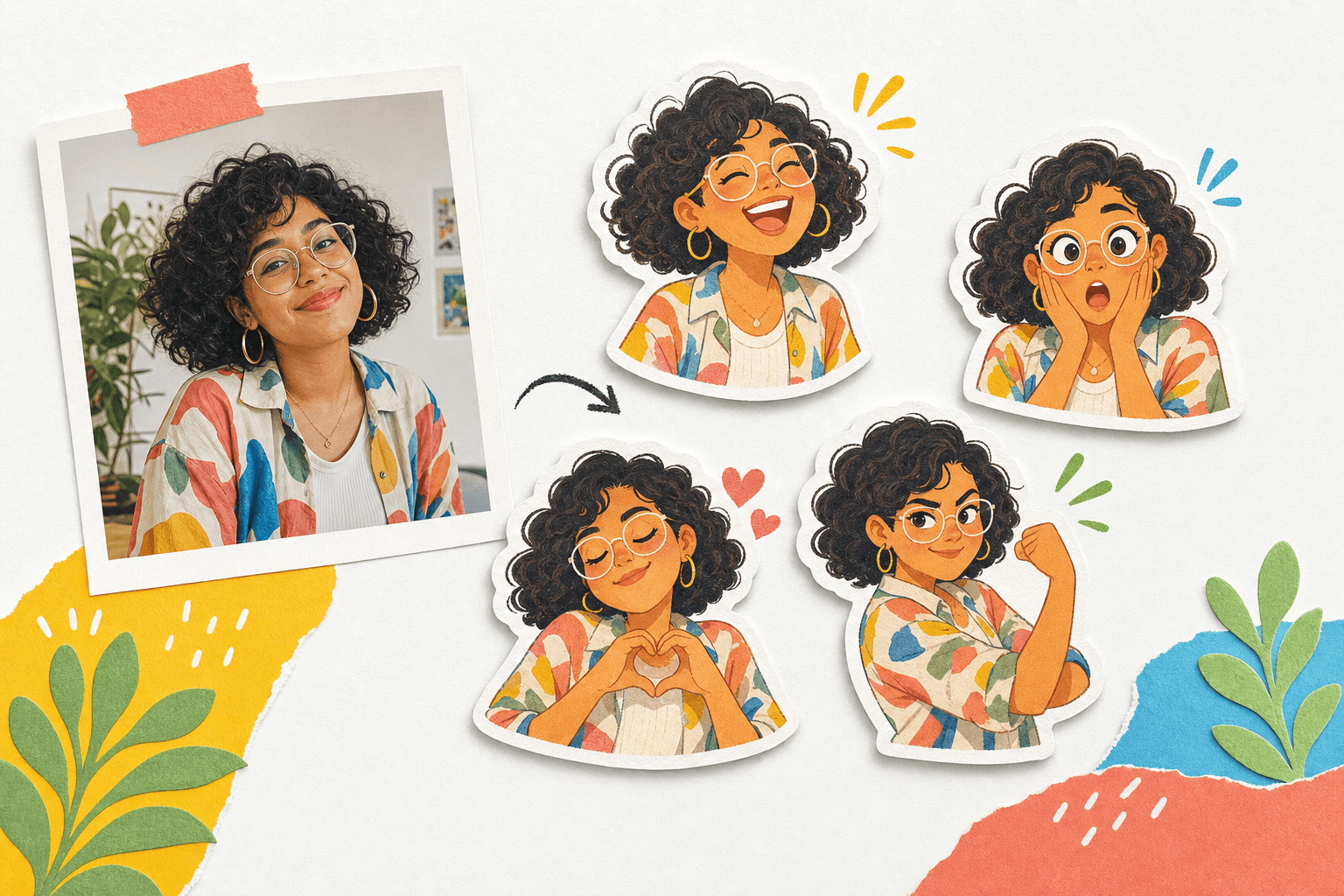 A portrait transformed into four expressive stickers of the same woman