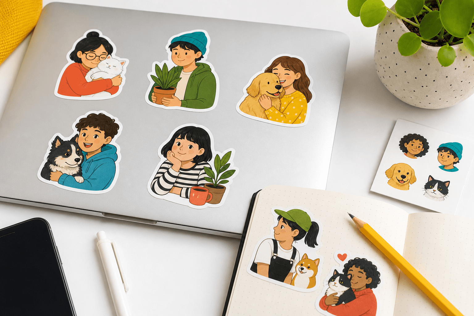 Personal character and pet stickers decorating a laptop and notebook
