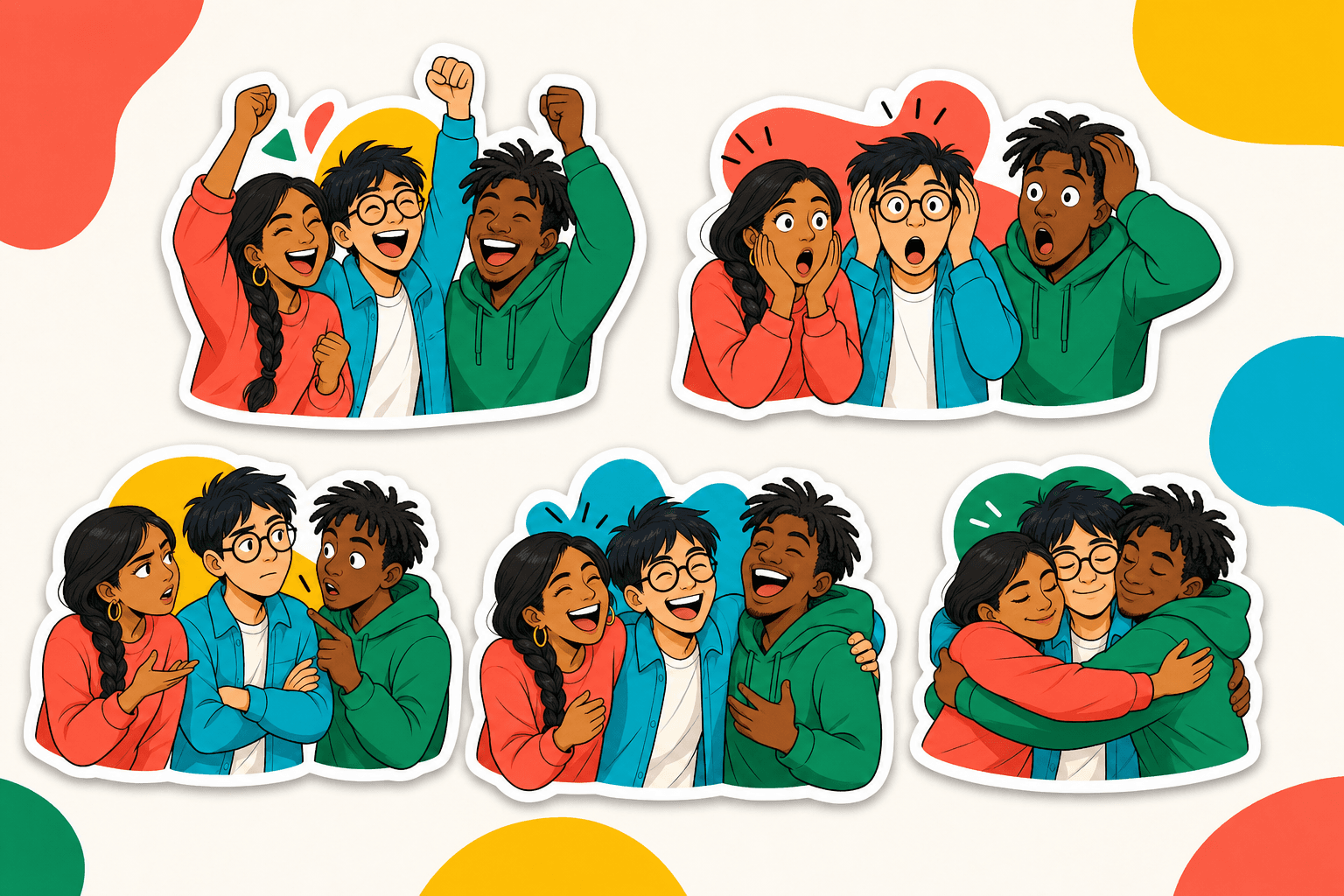 Flat editorial stickers of three friends reacting together
