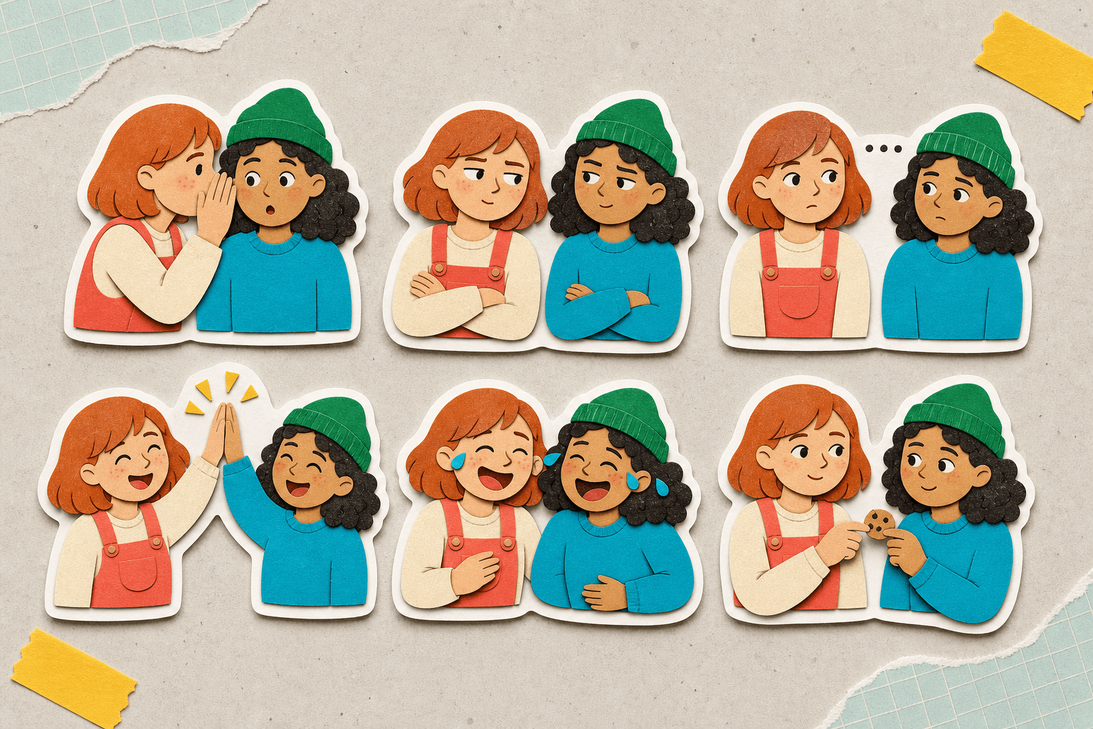 Paper cut stickers of two best friends sharing six small moments
