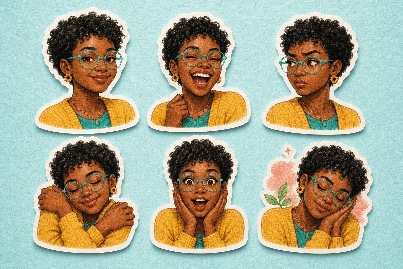 Colored pencil reaction stickers of the same woman with turquoise glasses