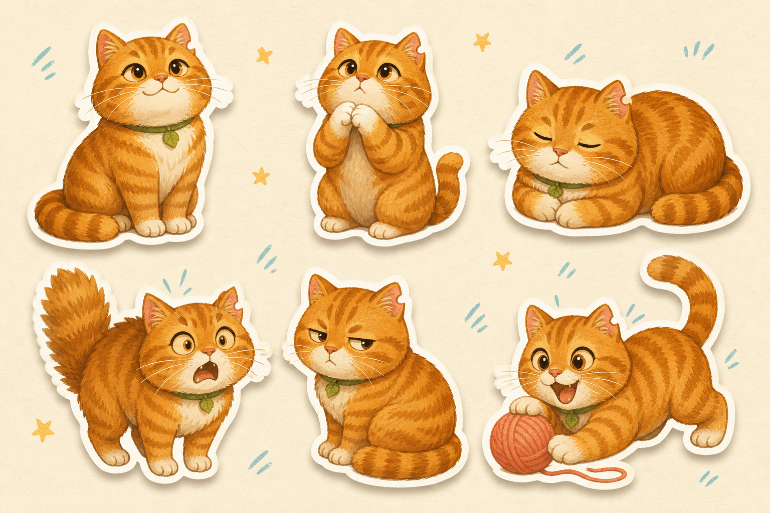 Orange tabby cat gouache stickers showing six different moods