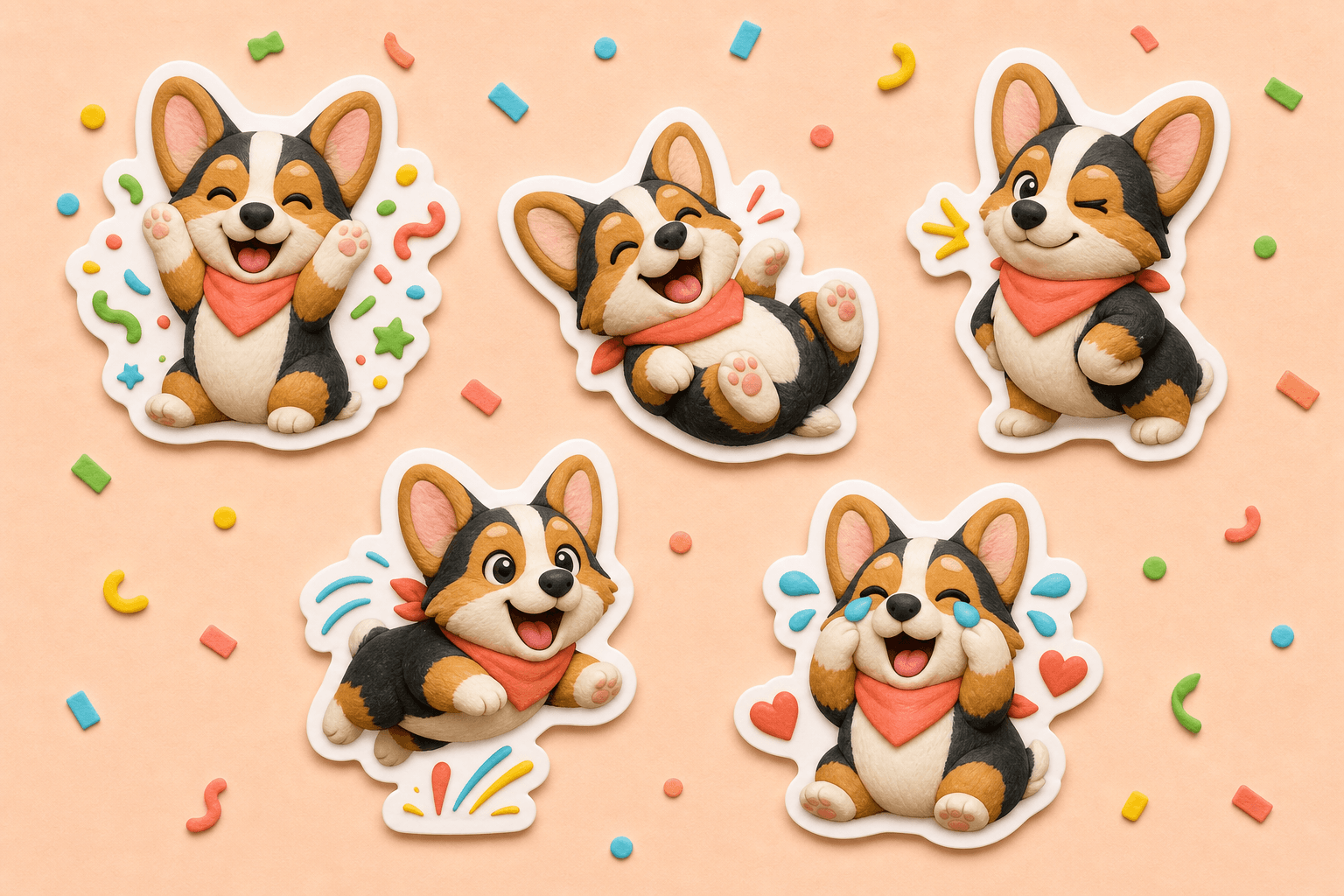 Soft 3D clay corgi stickers with five playful reactions