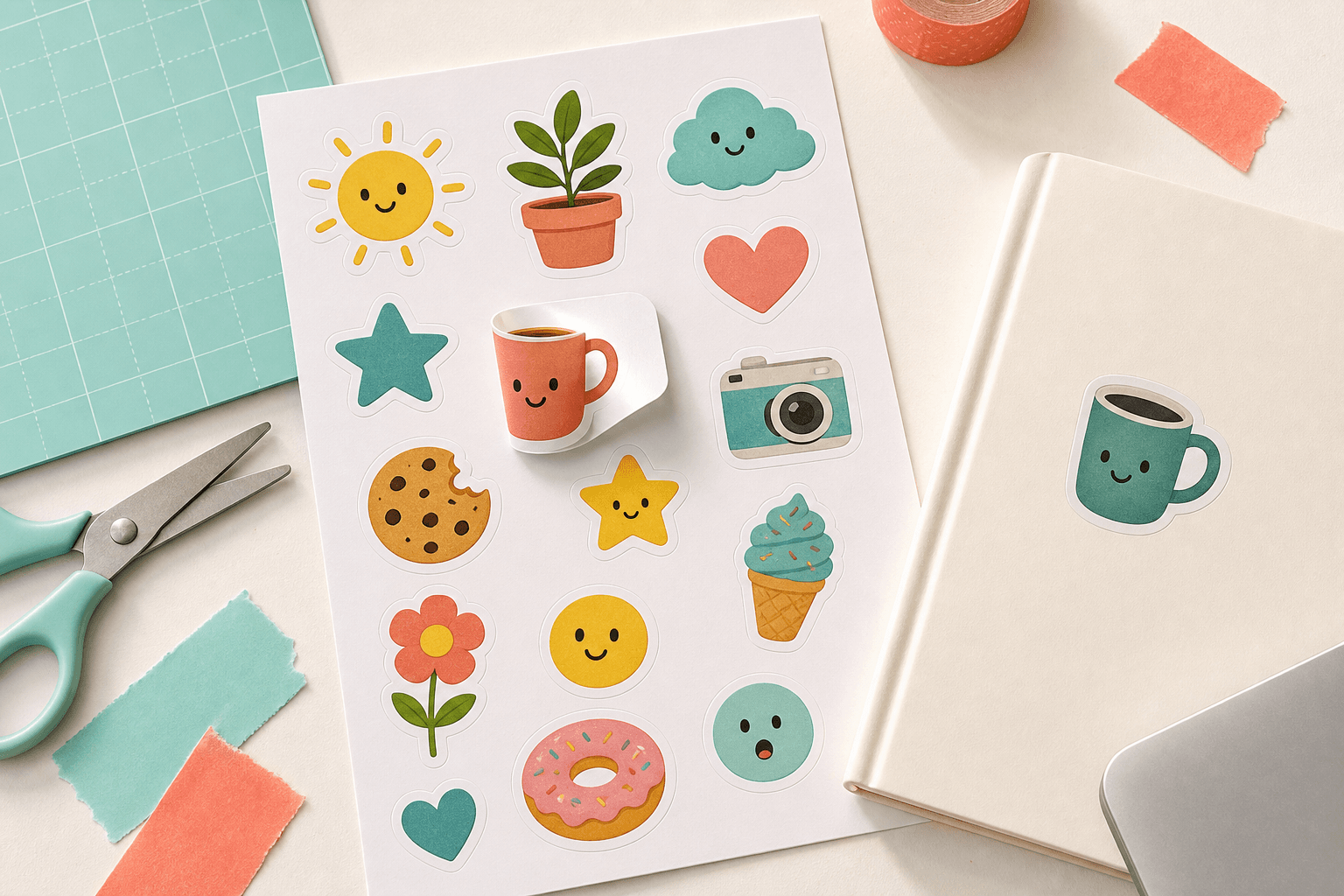 Top-down photo of a printed sticker sheet with cute objects and a blank notebook