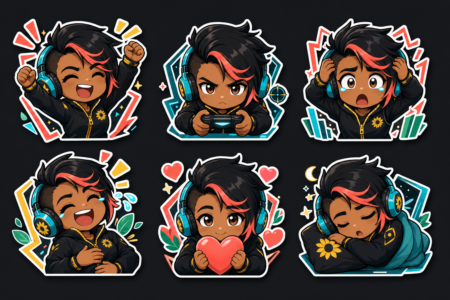 Neon chibi creator reaction stickers on a dark background